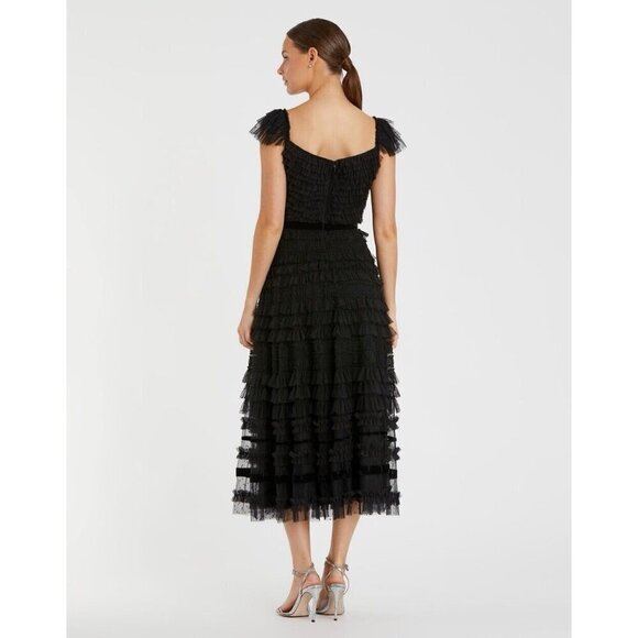 Mac Duggal Size 8 Black 8054 Ruffle Cap Sleeve Tiered Midi Cocktail Party Dress - Picture 3 of 10
